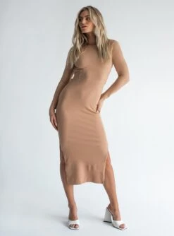 Princess Polly Hayden Long Sleeve Midi Dress Beige