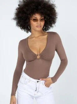 Princess Polly Ellison Long Sleeve Bodysuit Brown