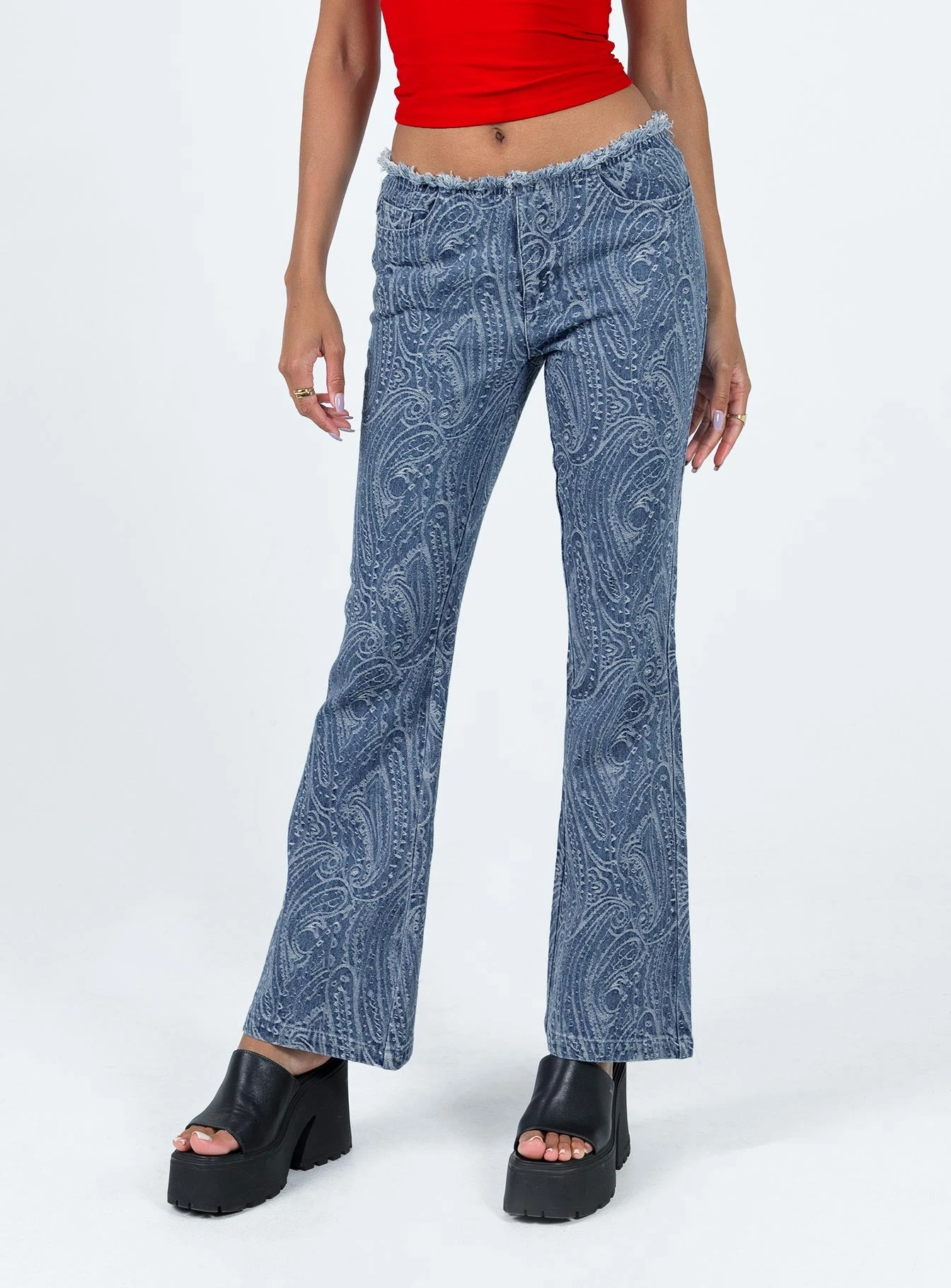 Princess Polly Loweana Low Rise Jacquard Flare Jean Blue Denim 4 Princess Polly Loweana Low Rise Jacquard Flare Jean Blue Denim - Image 2