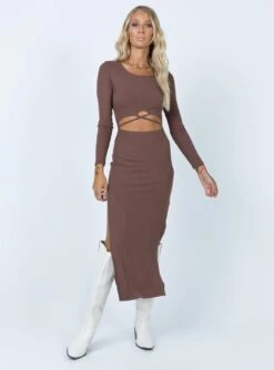 Princess Polly Elisha Long Sleeve Midi Dress Chocolate